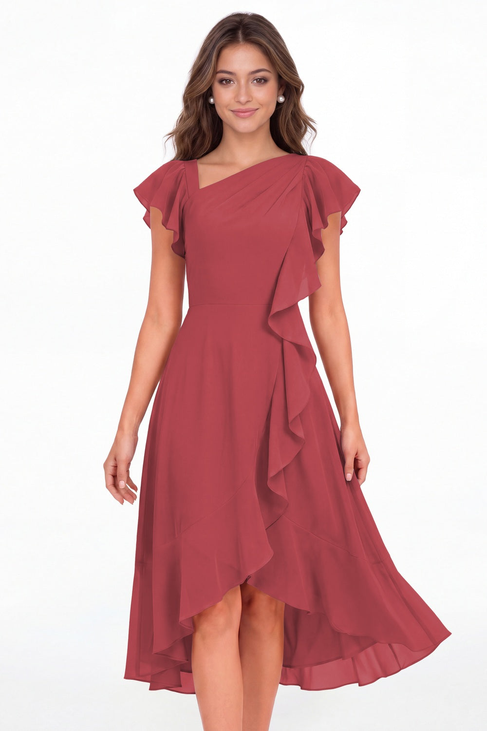 Desert Rose Asymmetric Chiffon Ruffle Midi Dress - Front View
