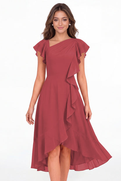Desert Rose Asymmetric Chiffon Ruffle Midi Dress - Front View