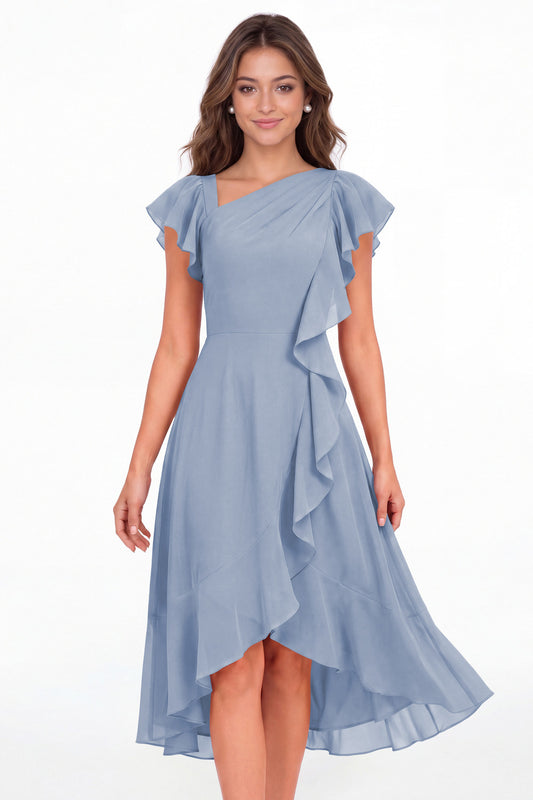 Dusty Blue Asymmetric Chiffon Ruffle Midi Dress - Front View