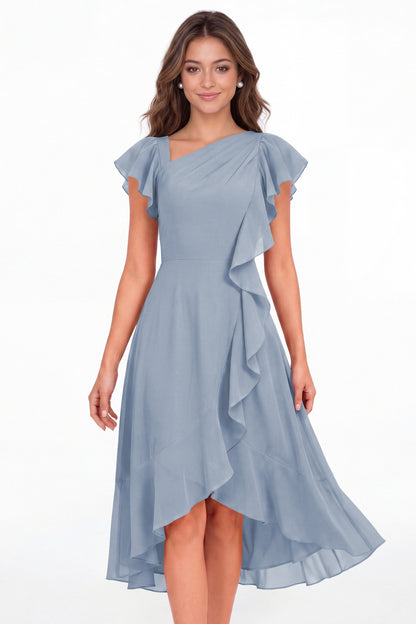 Dusty Blue Asymmetric Chiffon Ruffle Midi Dress - Front View