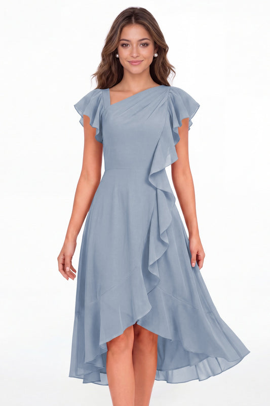 Dusty Blue Asymmetric Chiffon Ruffle Midi Dress - Front View