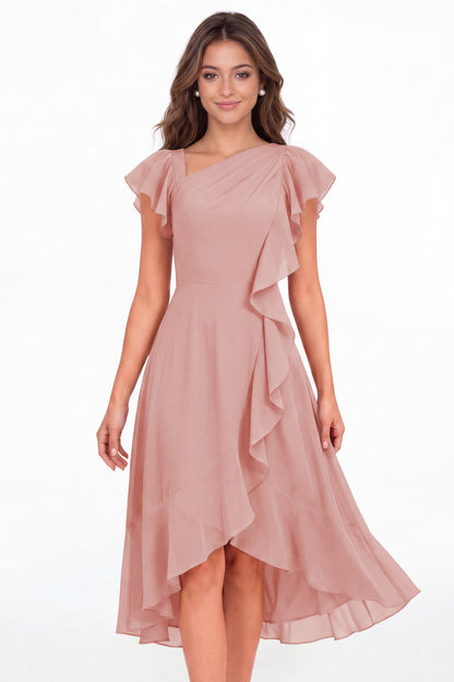 Dusty Rose Asymmetric Chiffon Ruffle Midi Dress - Front View