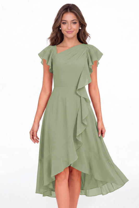 Dusty Sage Asymmetric Chiffon Ruffle Midi Dress - Front View
