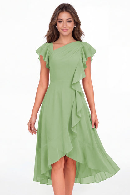 Dusty Sage Asymmetric Chiffon Ruffle Midi Dress - Front View