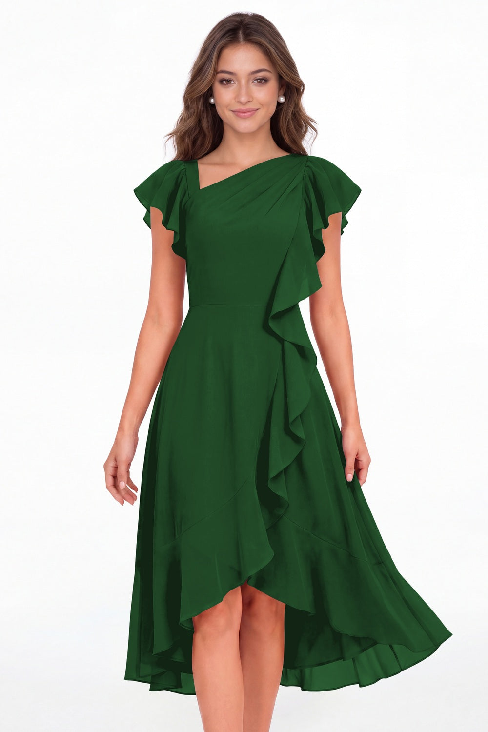 Emerald Green Asymmetric Chiffon Ruffle Midi Dress - Front View