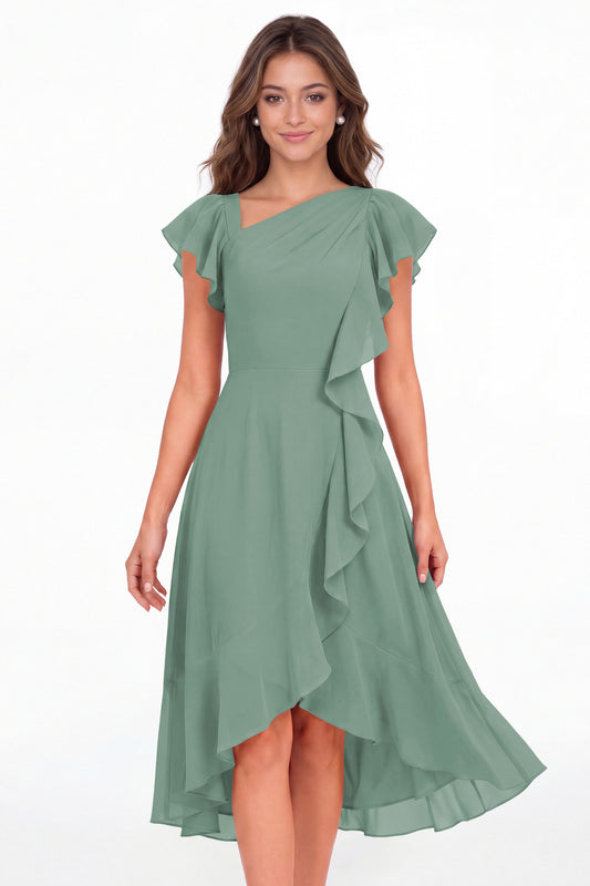 Eucalyptus Asymmetric Chiffon Ruffle Midi Dress - Front View