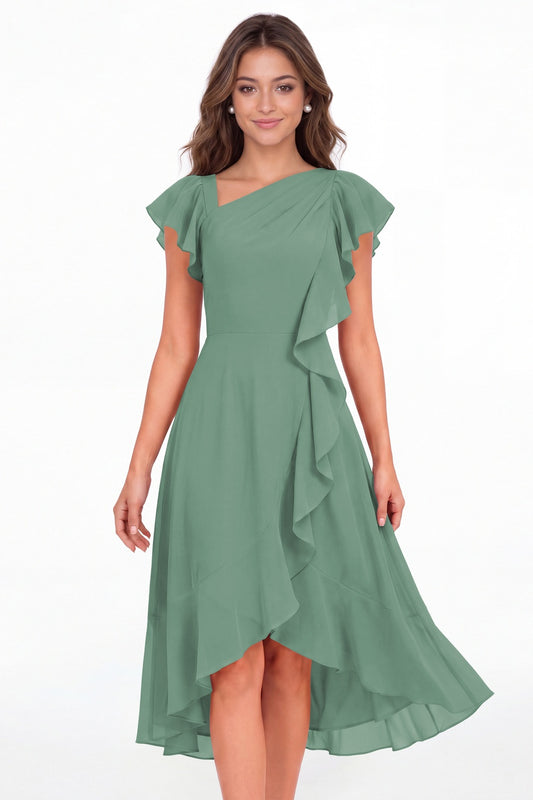 Eucalyptus Asymmetric Chiffon Ruffle Midi Dress - Front View