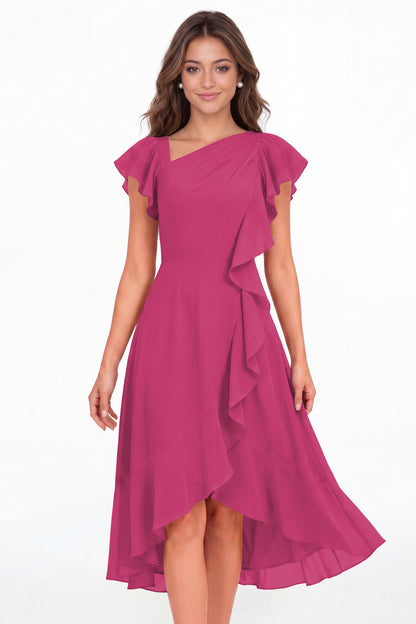 Fuchsia Asymmetric Chiffon Ruffle Midi Dress - Front View