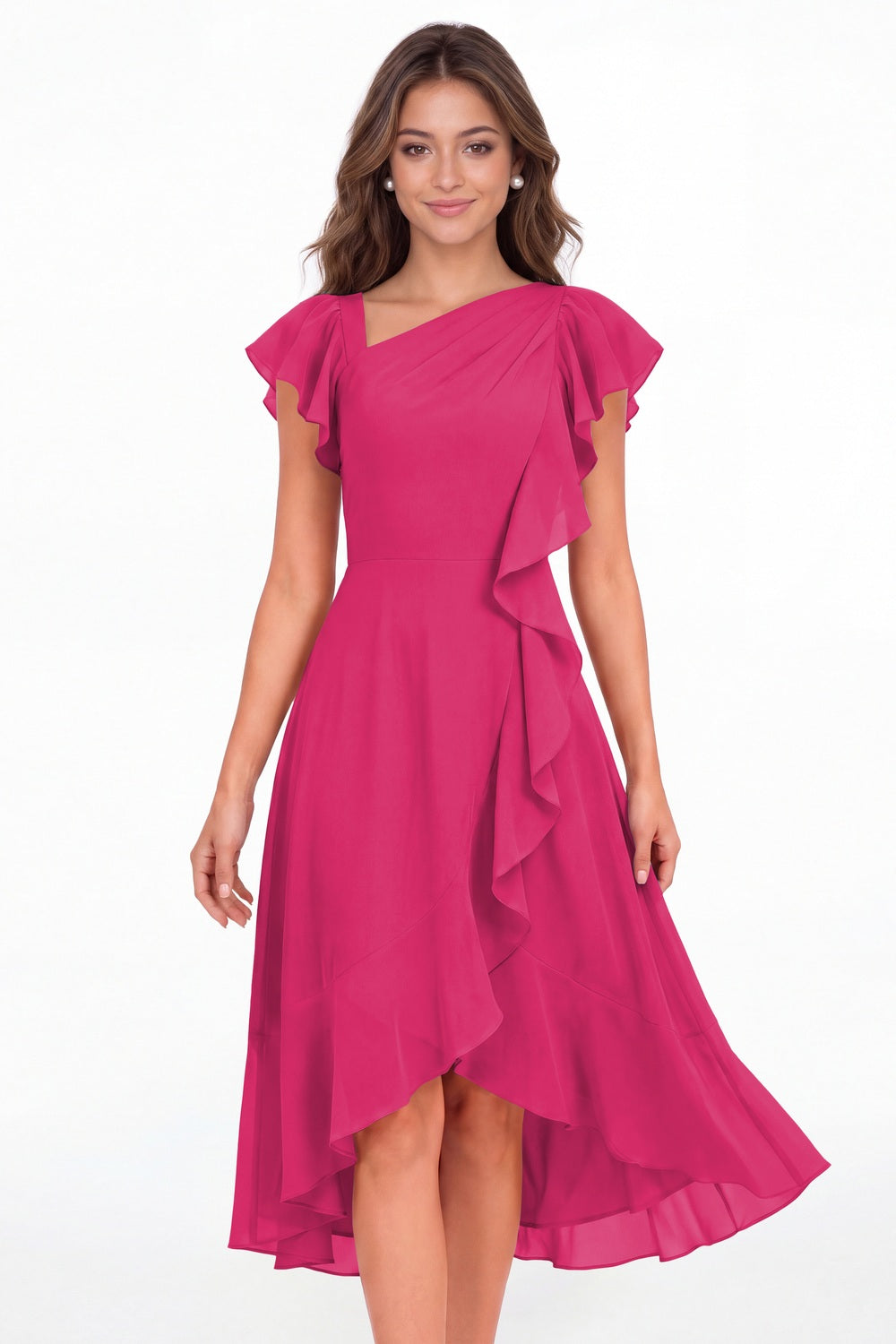 Fuchsia Asymmetric Chiffon Ruffle Midi Dress - Front View