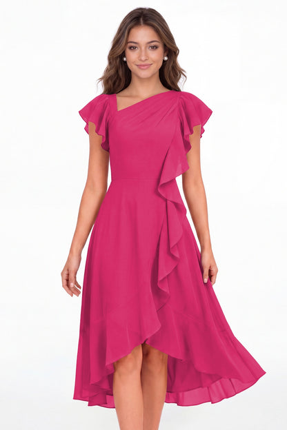 Fuchsia Asymmetric Chiffon Ruffle Midi Dress - Front View