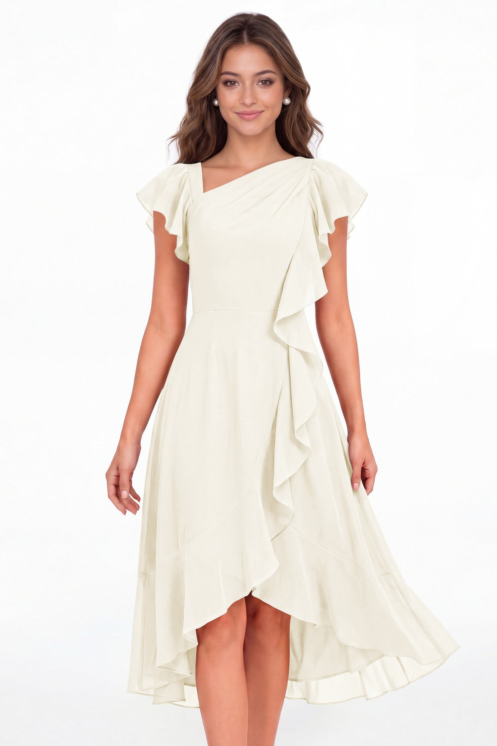 Ivory Asymmetric Chiffon Ruffle Midi Dress - Front View