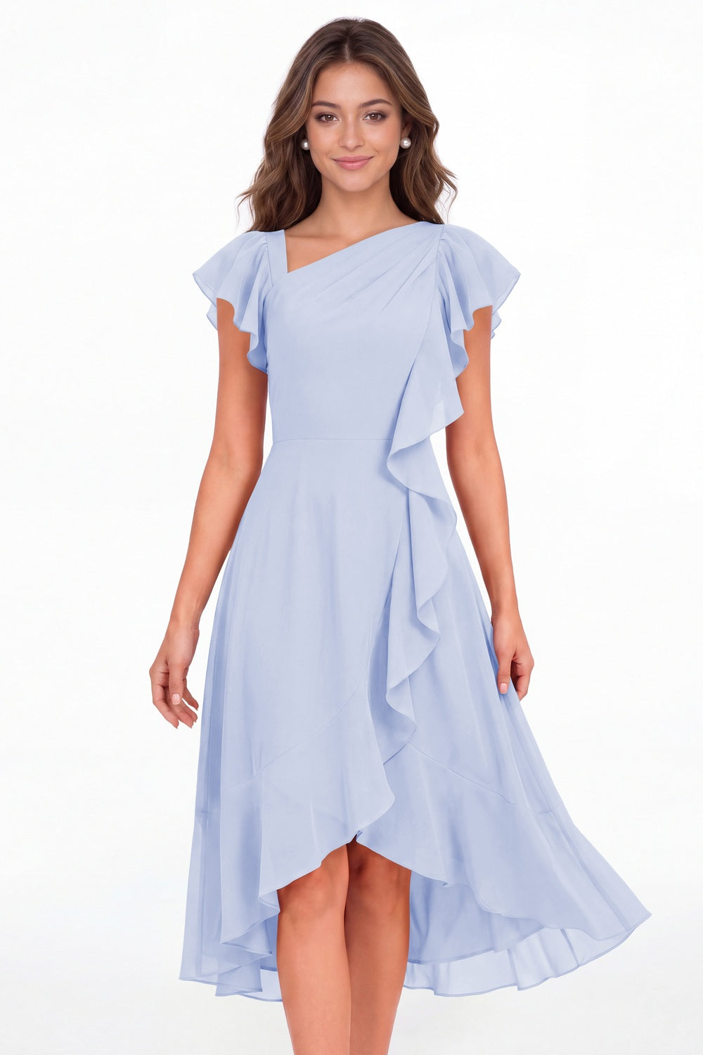 Lavender Asymmetric Chiffon Ruffle Midi Dress - Front View