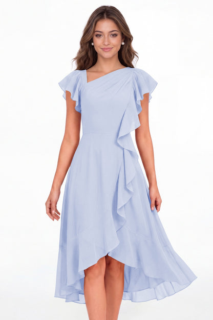 Lavender Asymmetric Chiffon Ruffle Midi Dress - Front View