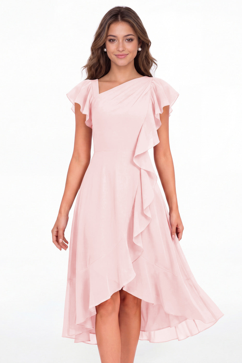 Light Pink Asymmetric Chiffon Ruffle Midi Dress - Front View