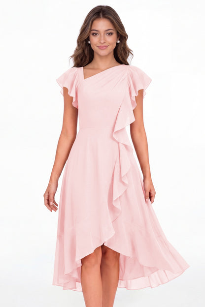 Light Pink Asymmetric Chiffon Ruffle Midi Dress - Front View