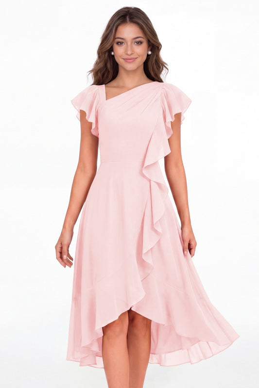 Light Pink Asymmetric Chiffon Ruffle Midi Dress - Front View