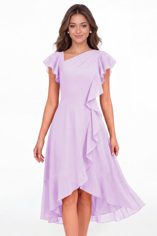Lilac Asymmetric Chiffon Ruffle Midi Dress - Front View