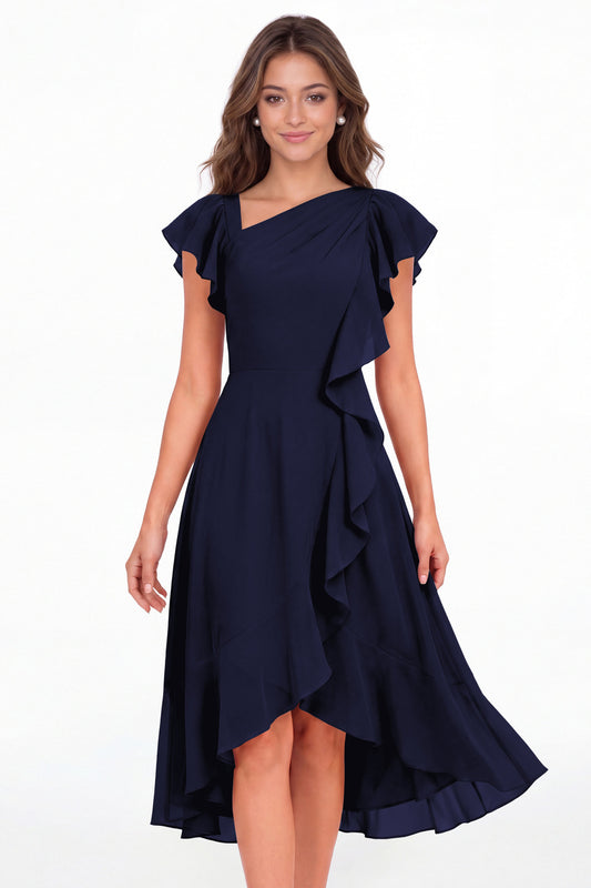 Navy Blue Asymmetric Chiffon Ruffle Midi Dress - Front View