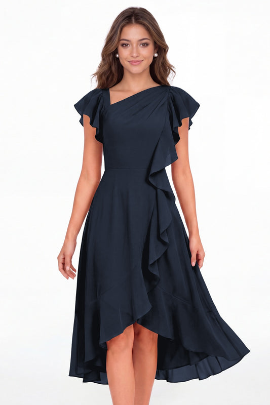 Navy Blue Asymmetric Chiffon Ruffle Midi Dress - Front View