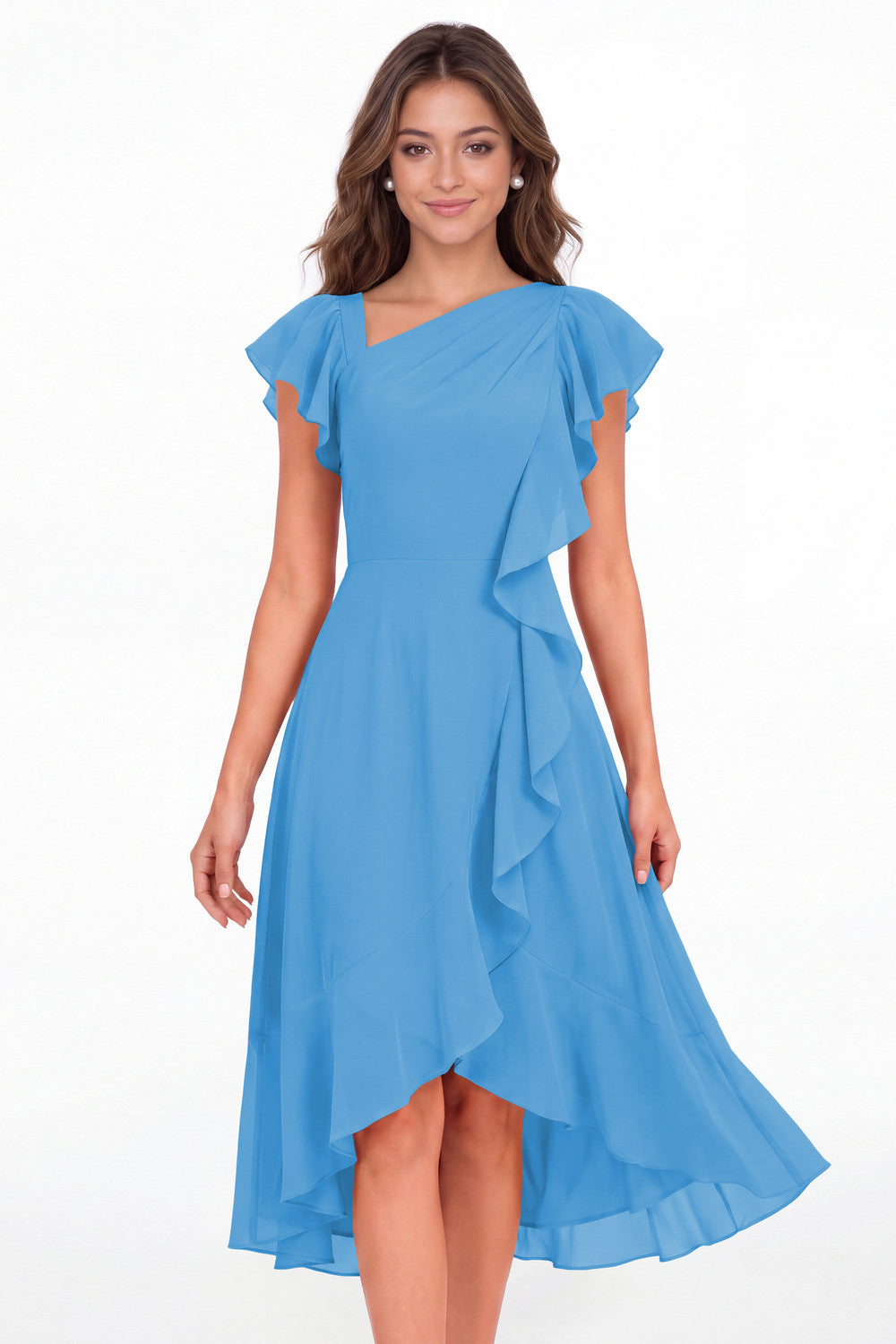 Ocean Blue Asymmetric Chiffon Ruffle Midi Dress - Front View