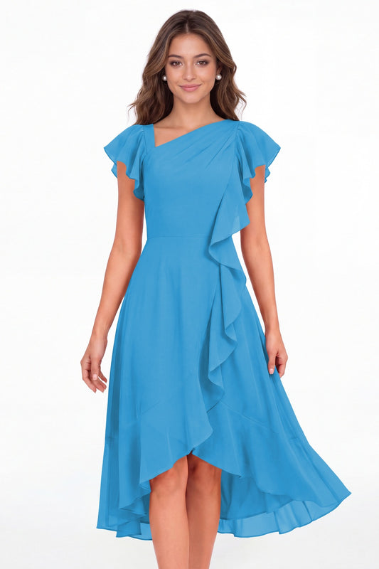 Ocean Blue Asymmetric Chiffon Ruffle Midi Dress - Front View