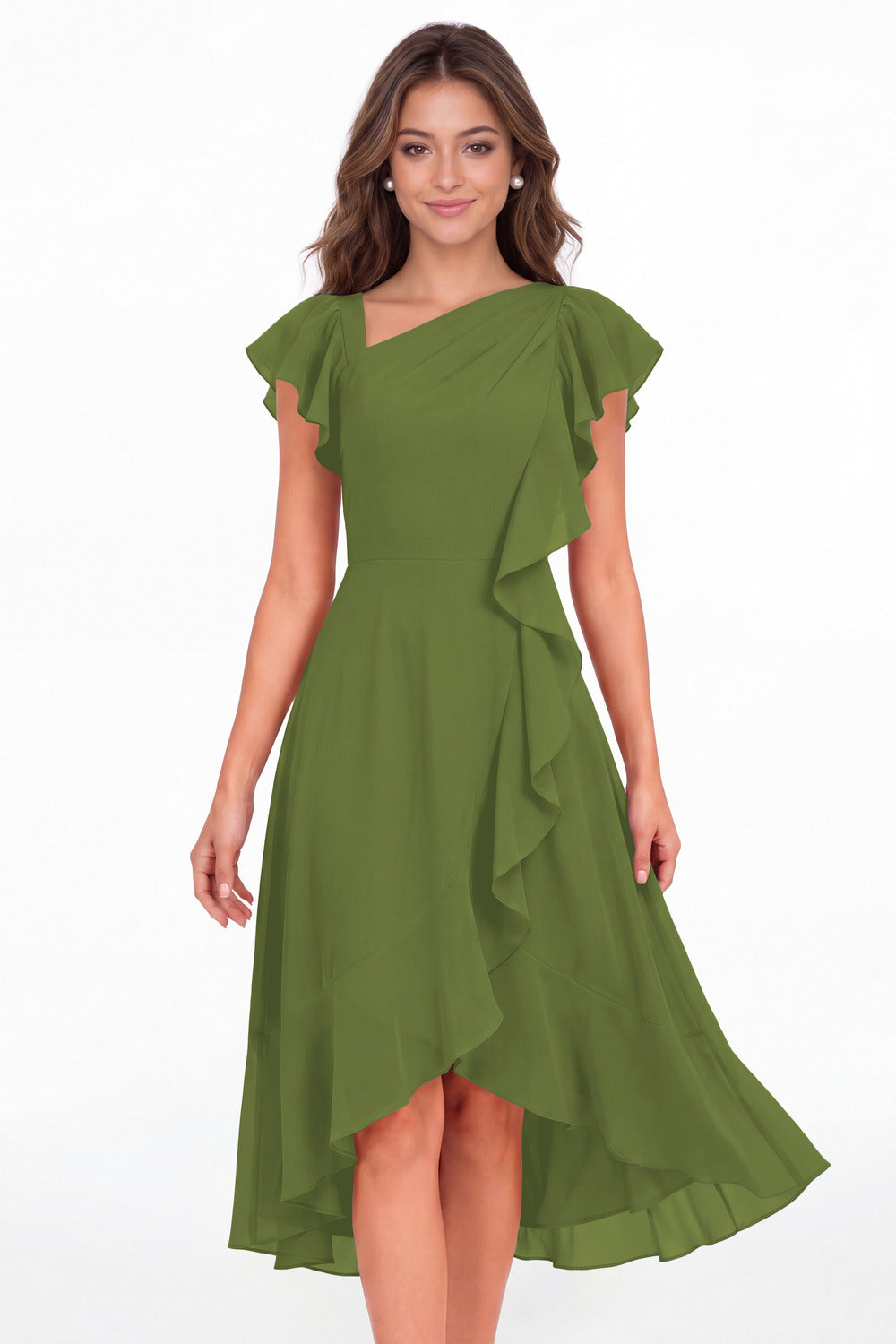 Olive Green Asymmetric Chiffon Ruffle Midi Dress - Front View
