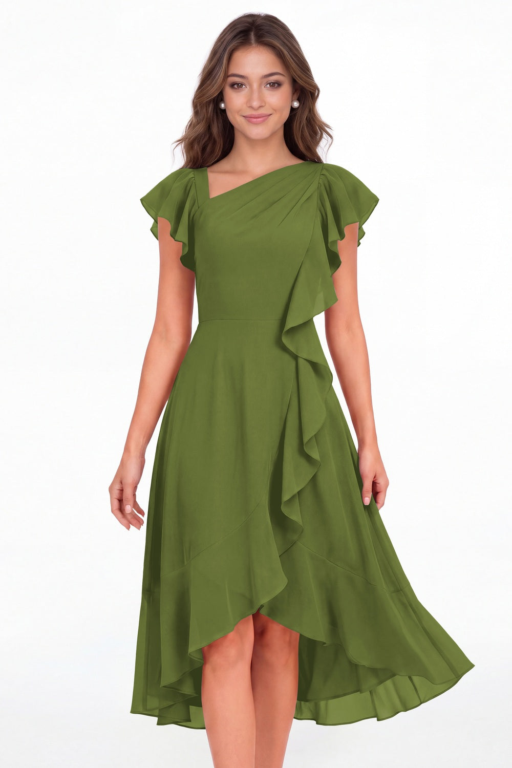Olive Green Asymmetric Chiffon Ruffle Midi Dress - Front View