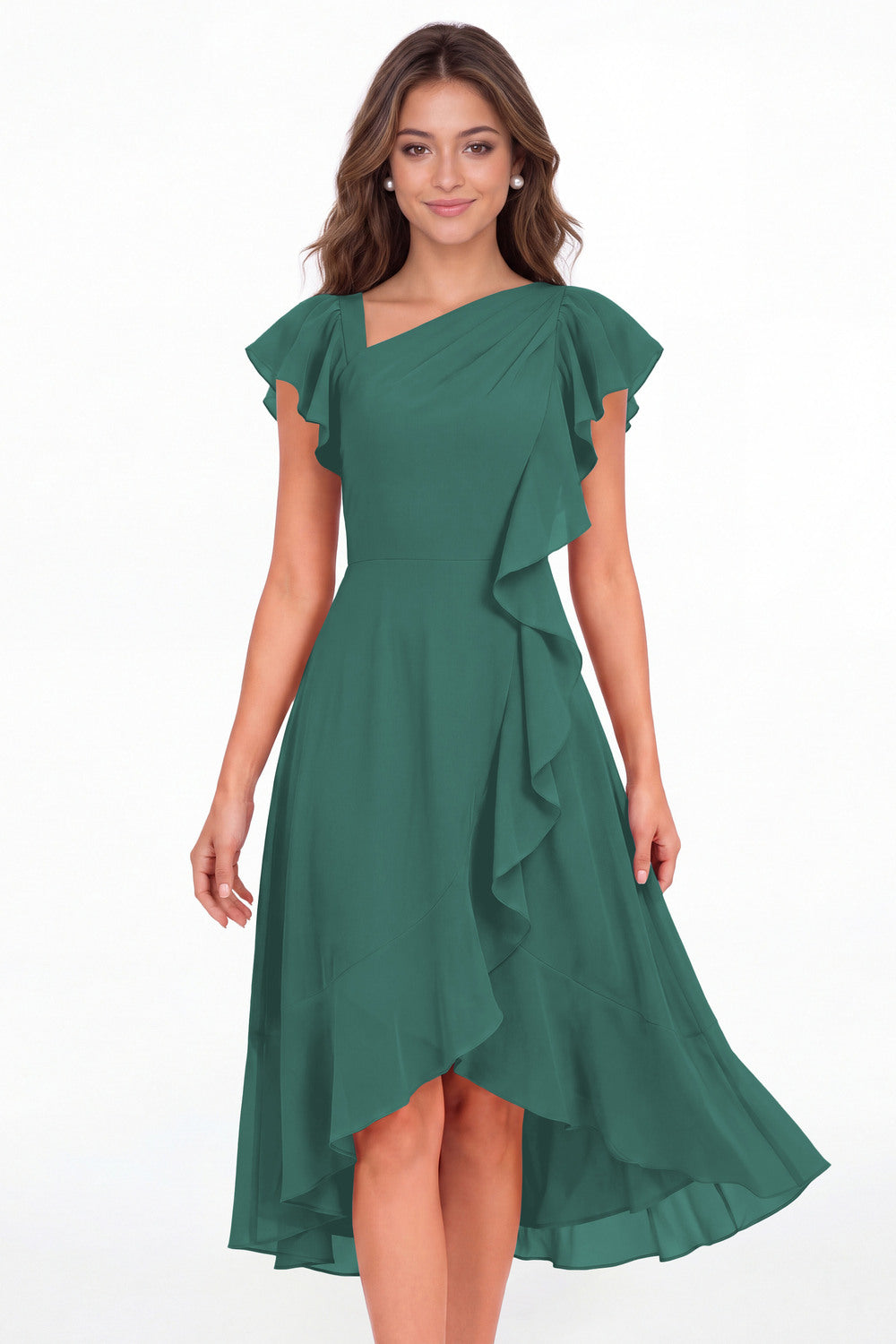 Peacock Asymmetric Chiffon Ruffle Midi Dress - Front View