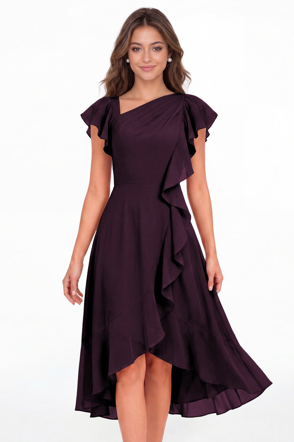 Plum Asymmetric Chiffon Ruffle Midi Dress - Front View