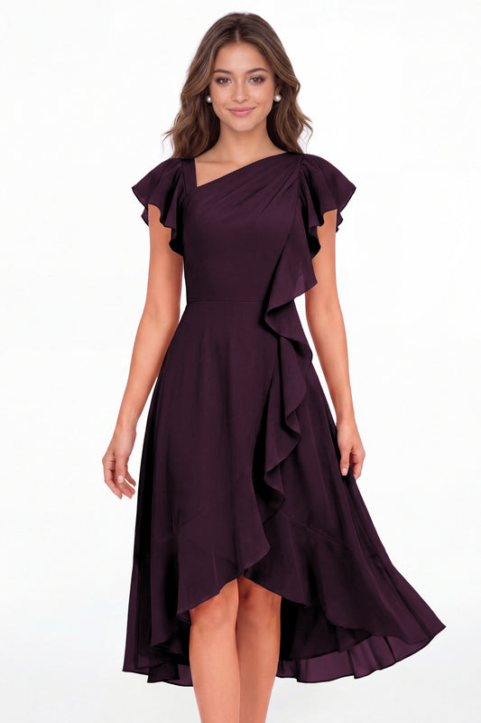 Plum Asymmetric Chiffon Ruffle Midi Dress - Front View