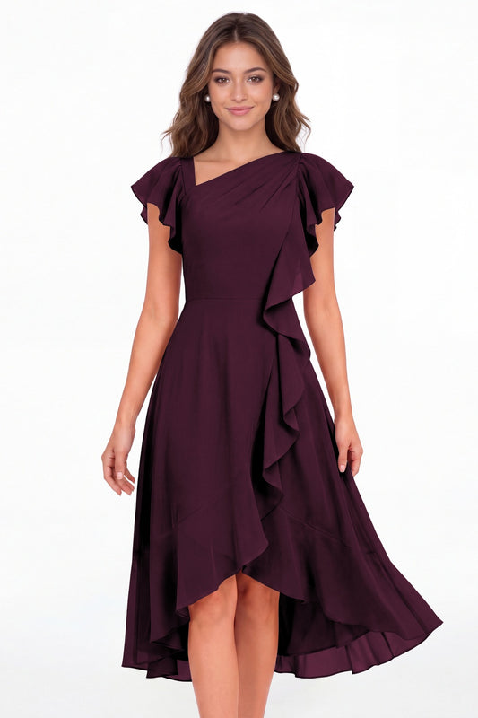 Plum Asymmetric Chiffon Ruffle Midi Dress - Front View