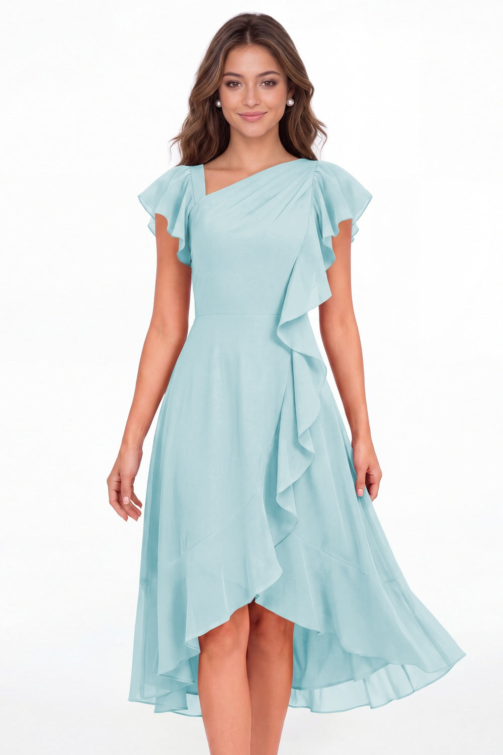 Powder Blue Asymmetric Chiffon Ruffle Midi Dress - Front View
