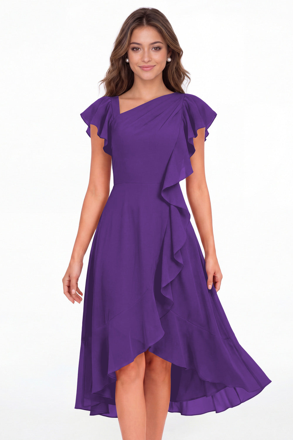 Purple Asymmetric Chiffon Ruffle Midi Dress - Front View
