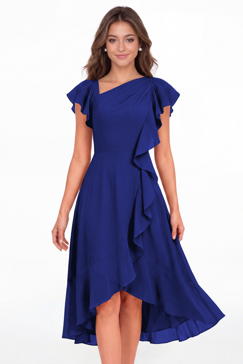Royal Blue Asymmetric Chiffon Ruffle Midi Dress - Front View