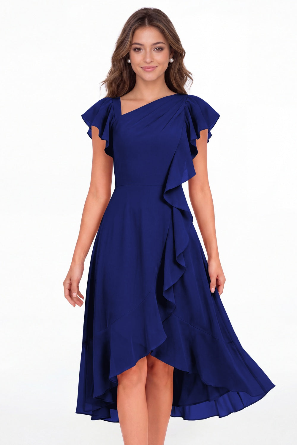 Royal Blue Asymmetric Chiffon Ruffle Midi Dress - Front View