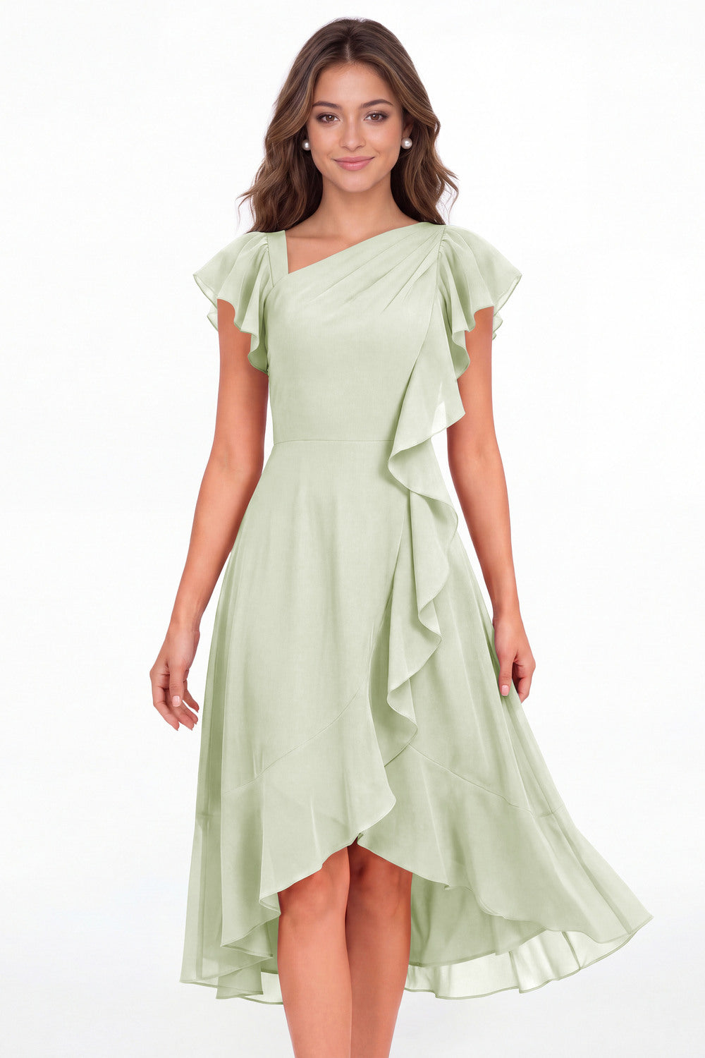 Sage Green Asymmetric Chiffon Ruffle Midi Dress - Front View