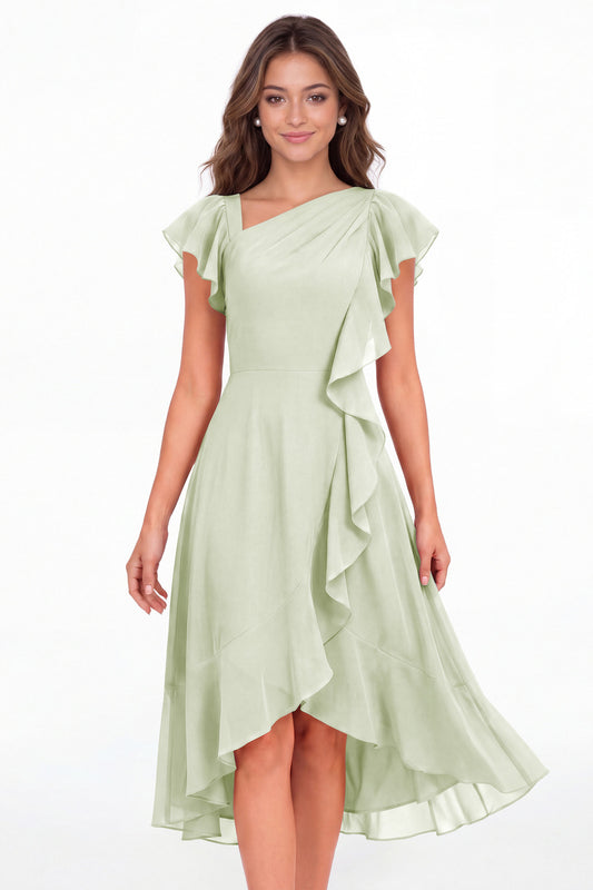 Sage Green Asymmetric Chiffon Ruffle Midi Dress - Front View