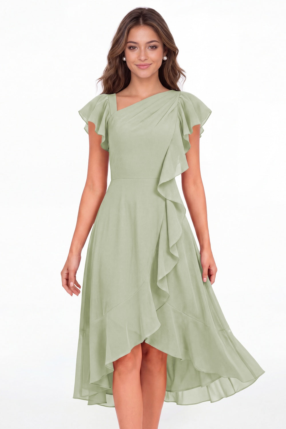 Sage Green Asymmetric Chiffon Ruffle Midi Dress - Front View
