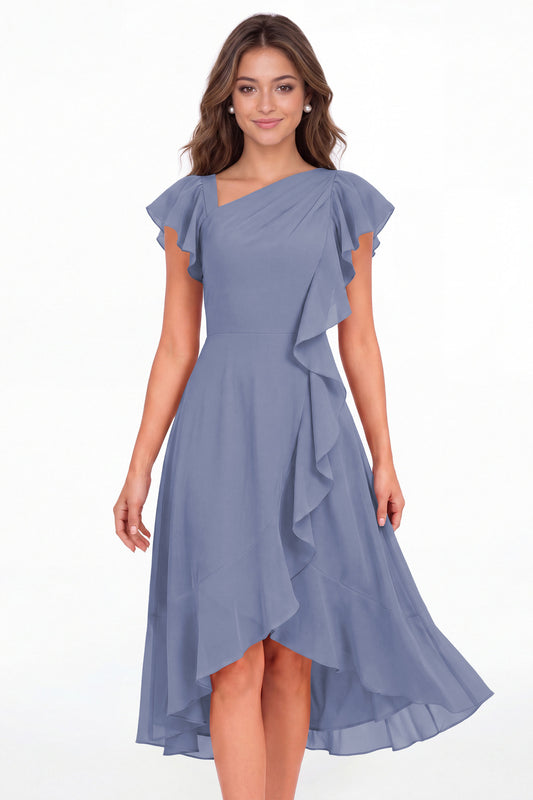 Steel Blue Asymmetric Chiffon Ruffle Midi Dress - Front View