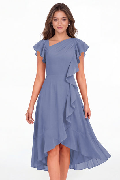 Steel Blue Asymmetric Chiffon Ruffle Midi Dress - Front View