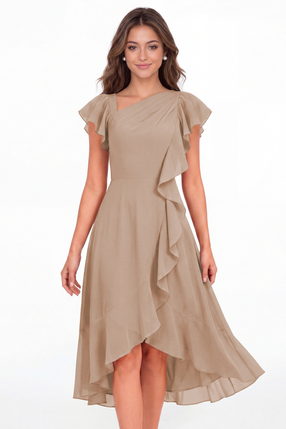 Taupe Asymmetric Chiffon Ruffle Midi Dress - Front View