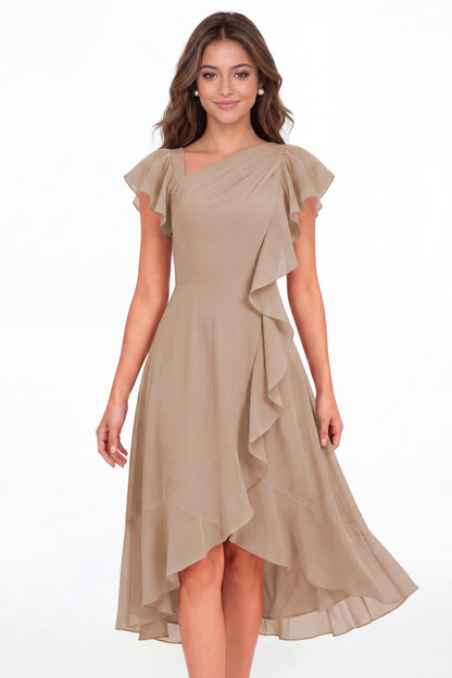 Taupe Asymmetric Chiffon Ruffle Midi Dress - Front View