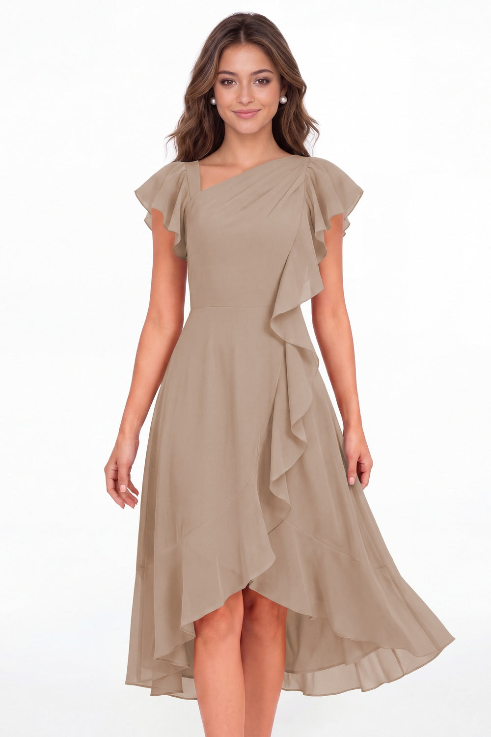 Taupe Asymmetric Chiffon Ruffle Midi Dress - Front View