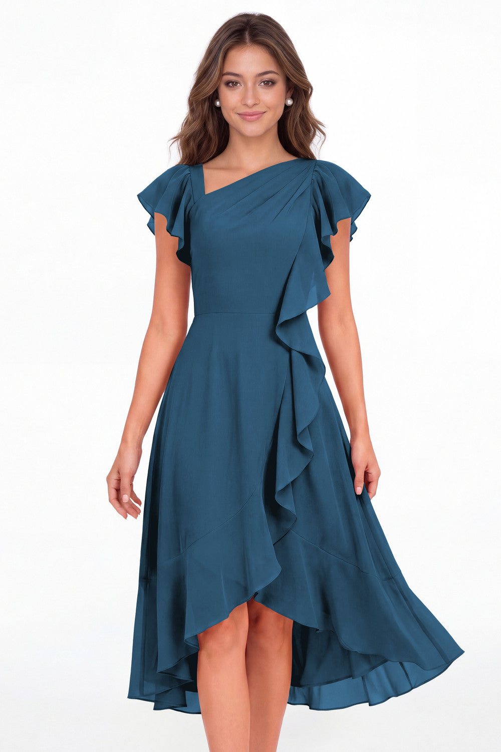 Teal Asymmetric Chiffon Ruffle Midi Dress - Front View