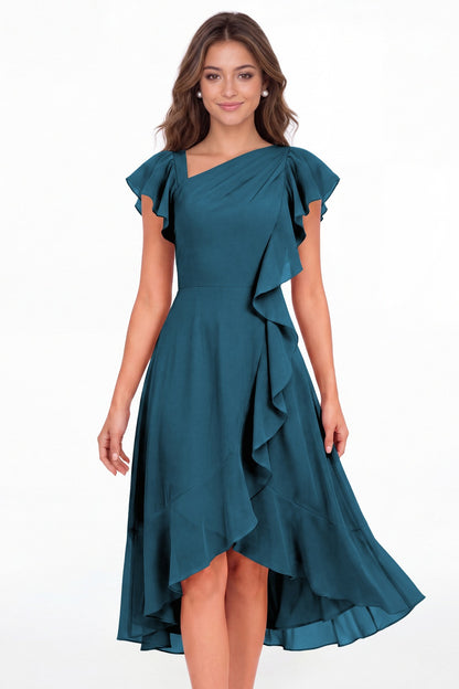 Teal Asymmetric Chiffon Ruffle Midi Dress - Front View