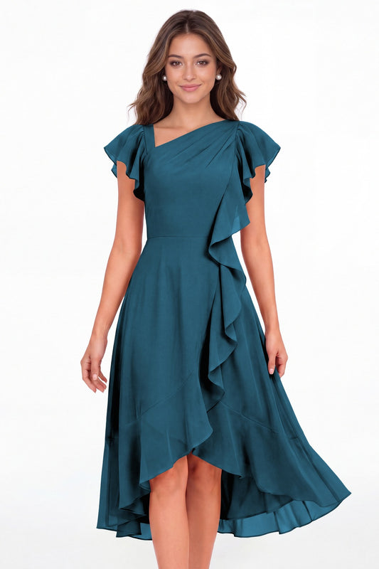 Teal Asymmetric Chiffon Ruffle Midi Dress - Front View