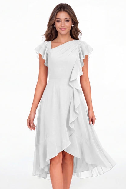 White Asymmetric Chiffon Ruffle Midi Dress - Front View