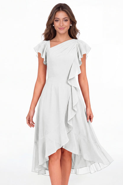 White Asymmetric Chiffon Ruffle Midi Dress - Front View