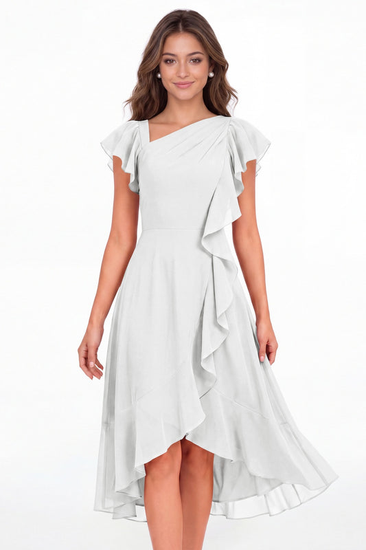 White Asymmetric Chiffon Ruffle Midi Dress - Front View