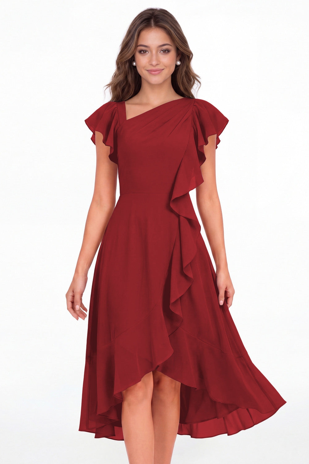 Wine Red Asymmetric Chiffon Ruffle Midi Dress - Front View